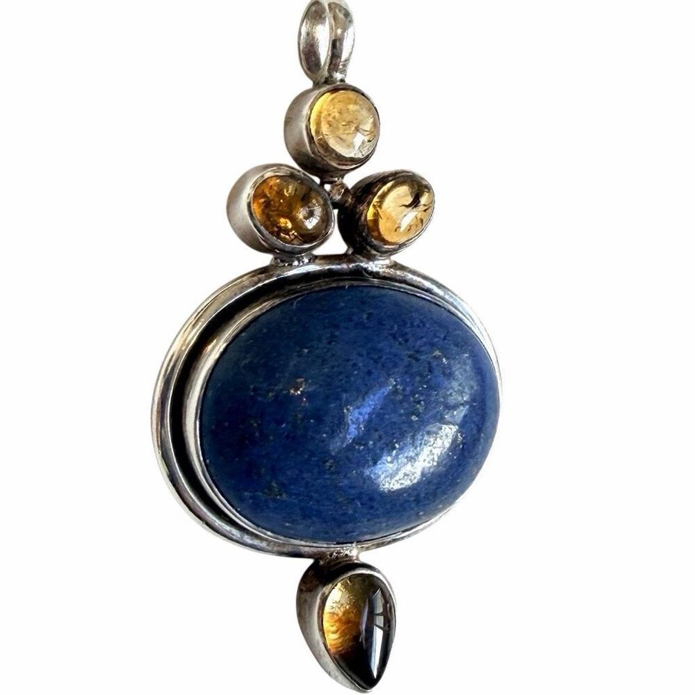 Sterling Silver Lapis Lazuli & Citrine Statement Pendant Artisan Gemstone